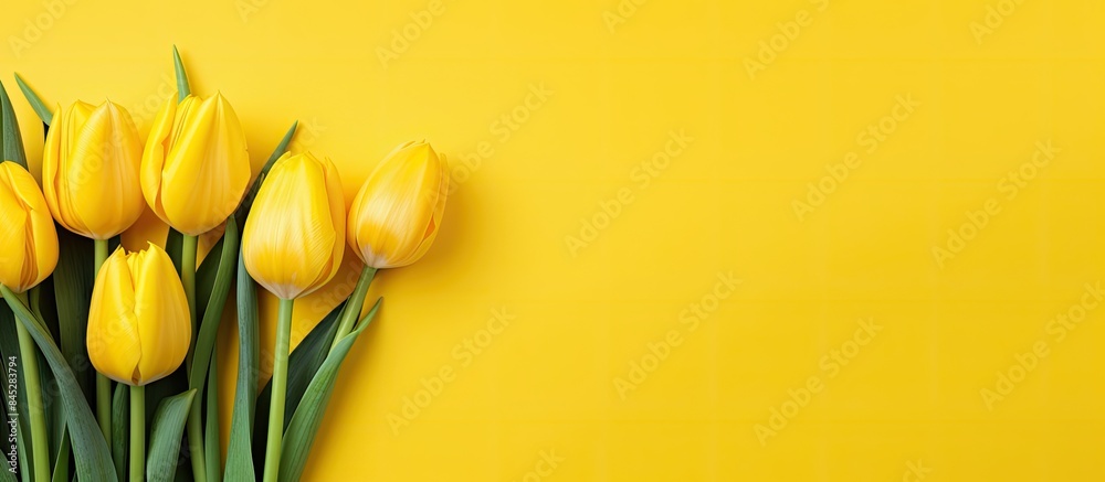 Poster A vibrant spring concept featuring fresh beautiful yellow tulips against a colorful yellow backdrop This horizontal top view image includes copy space and is enhanced with toning