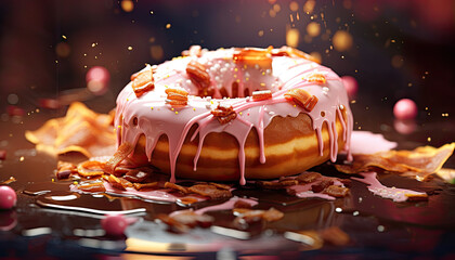 Delicious glazed donut topped with bacon and pink icing surrounded by sprinkles and a colorful backdrop.