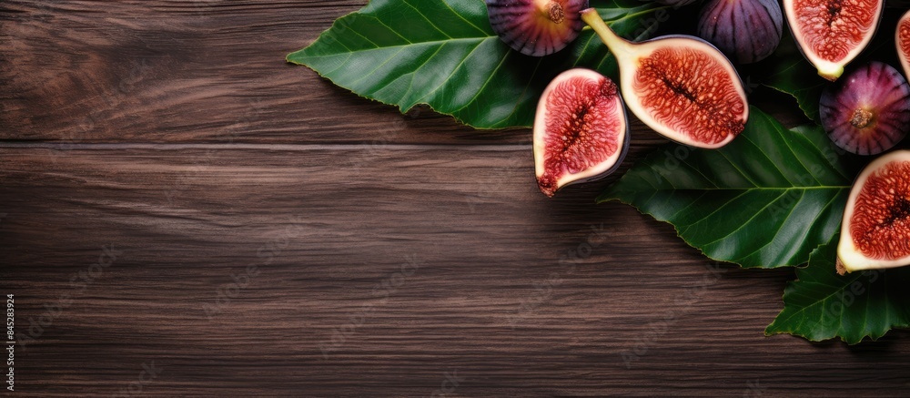 Poster An arrangement of whole and sliced ripe figs complete with their leaves displayed on a wooden table This flat lay composition provides ample copy space for text