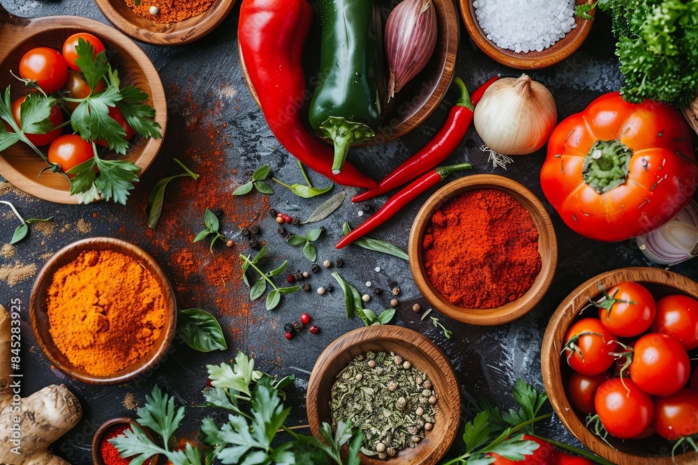 Aufkleber an overhead shot of fresh vegetables and spices arranged on a kitchen table. generative ai