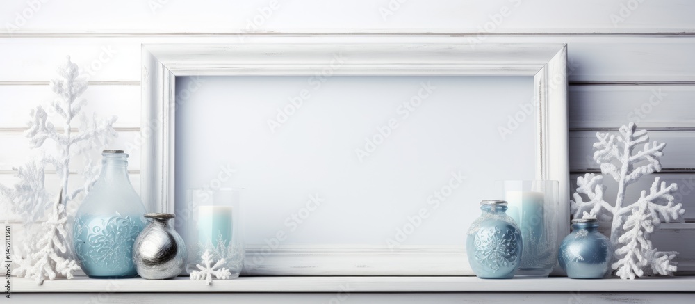 Poster copy space image depicts a winter themed composition featuring a wooden shelf for decoration display