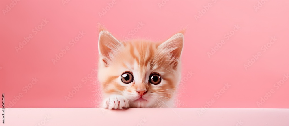 Poster a playful and funny red kitten on a pink background offering a blank area for advertising purposes s