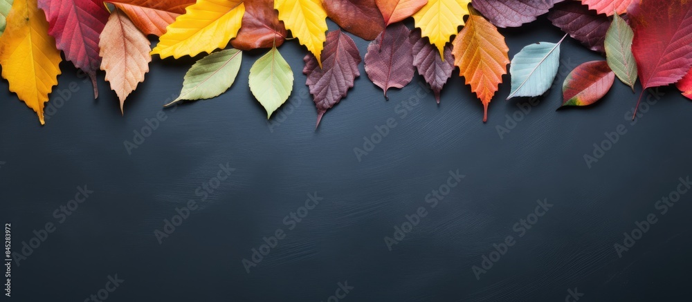 Aufkleber colorful fallen leaves arranged on a chalkboard background in a composition for an autumn flat lay i