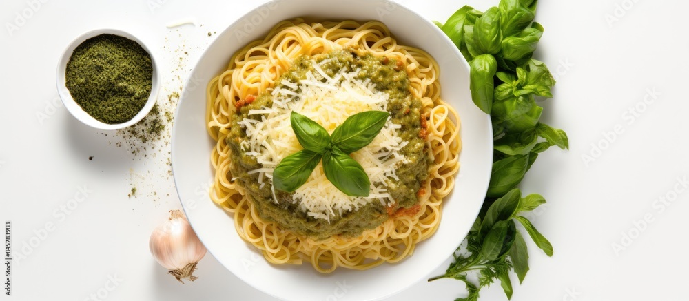Aufkleber a view from the top of a white background shows a copy space image of italian spaghetti garnished wi