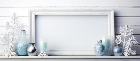 Copy space image depicts a winter themed composition featuring a wooden shelf for decoration display against a white wall adorned with a framed picture