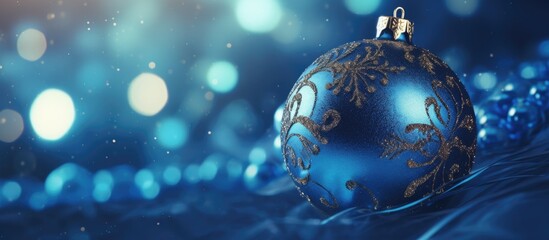 Fototapeta premium Close up copy space image of a blue Christmas tree adorned with luxuriously designed ornaments creating an abstract Xmas pattern placed against a blurred background in a mall