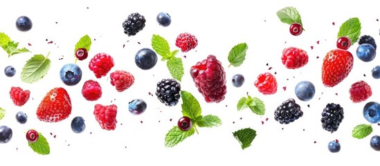 Fresh berries and mint leaves falling in the air against a white background with clipping path.