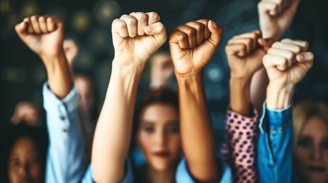 Group of diverse people raising clenched fists in a gesture of unity and solidarity, emphasizing empowerment and activism.