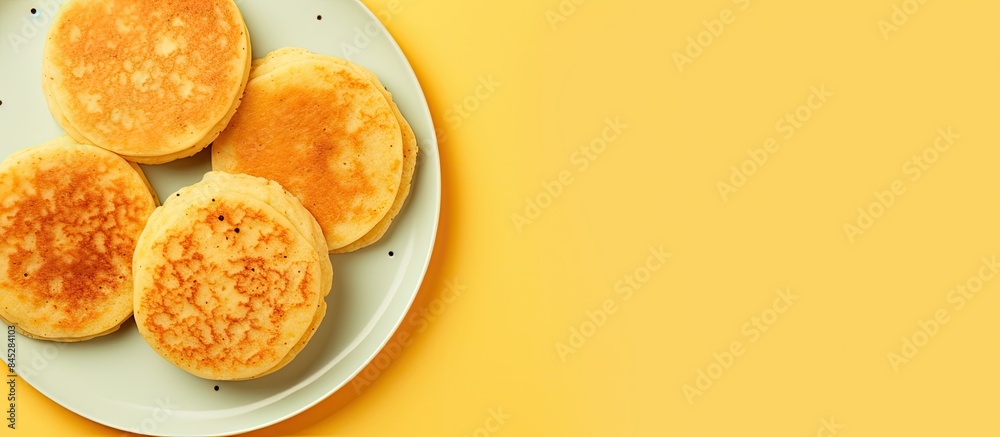 Poster a top view of vegan gluten free tofu cheese pancakes on a yellow plate against a yellow background w