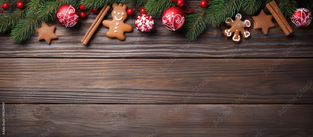 Poster on a wooden table adorned with fir branches and red ilex there are gingerbread on a stick deer green