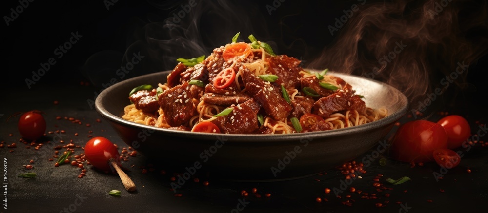 Poster a delicious combination of tomato infused noodles cooked with tender beef garnished with sesame seed
