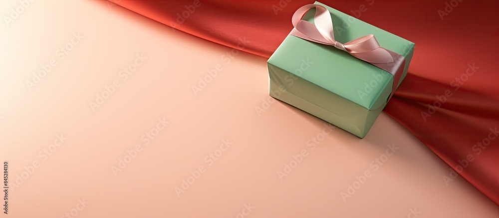 Leinwandbilder a top down view of a red and beige gift box is displayed on a background that blends pink and green 