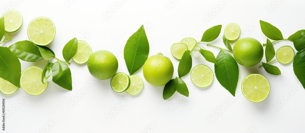 Poster a close up top view image of fresh green limes and leaves isolated on a white background it captures