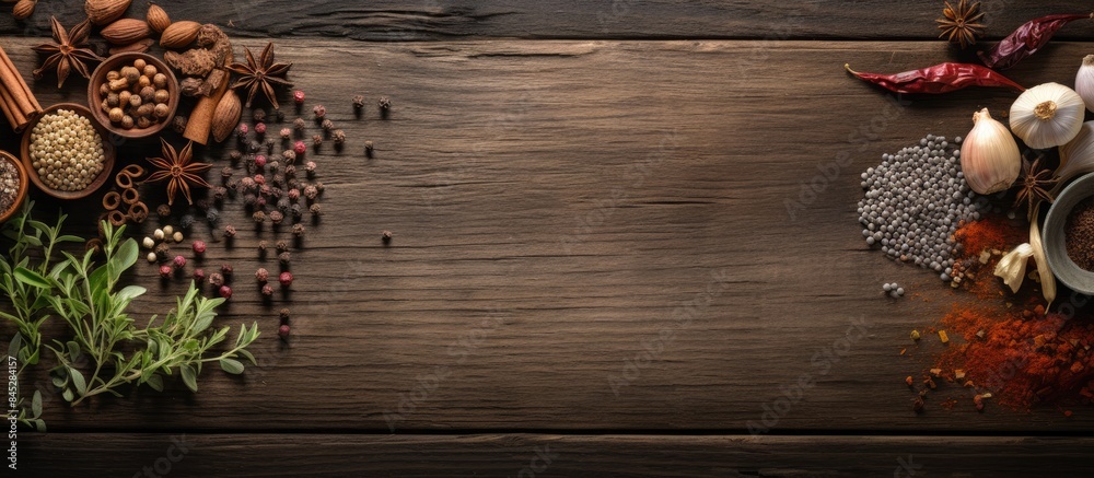 Poster On a wooden table background there is a collection of herbs spices and seasonings alongside utensils The scene offers a paper copy space for additional elements