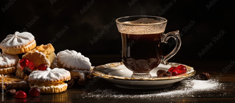 Poster enjoy a delightful cup of coffee accompanied by delicious cookies topped with jelly cream and powder