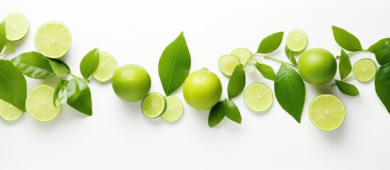 A close up top view image of fresh green limes and leaves isolated on a white background It...