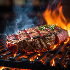 Juicy steak sizzling on a grill with flames and smoke, showcasing perfect grill marks and a sprig of rosemary for garnish.