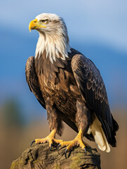 Obraz premium Majestic bald eagle perched on rock with blurred natural background, showcasing powerful features and intense gaze.