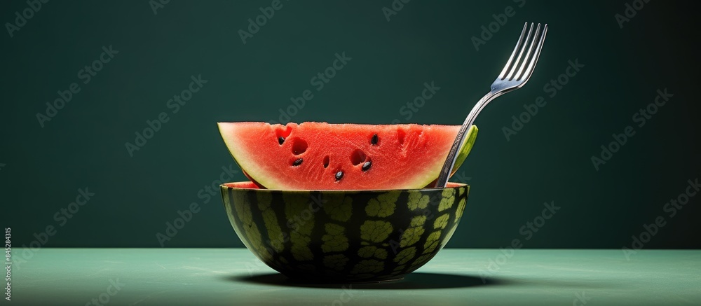 Poster A fork rests on a blurred background behind a sliced watermelon in a ceramic bowl creating a shallow depth of field The image offers copy space