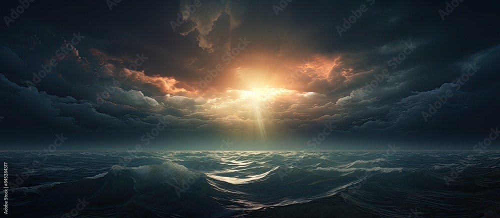 Aufkleber a stunning seascape with ominous dark clouds a radiant sun emerging from the horizon and distant shi