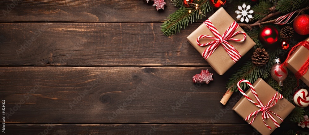 Poster a top view flat lay image showcases a festive christmas background adorned with a beautiful fir tree