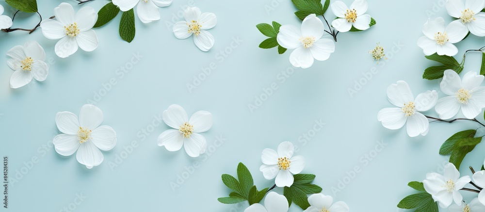 Poster a simple and artistic composition of white spring flowers and leaves representing the beauty of natu