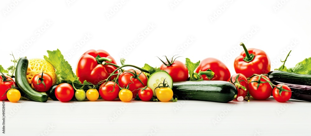 Poster Copy space image featuring fresh tomatoes and cucumbers of vibrant colors showcased on a pristine white background providing a perfect spot for accompanying text