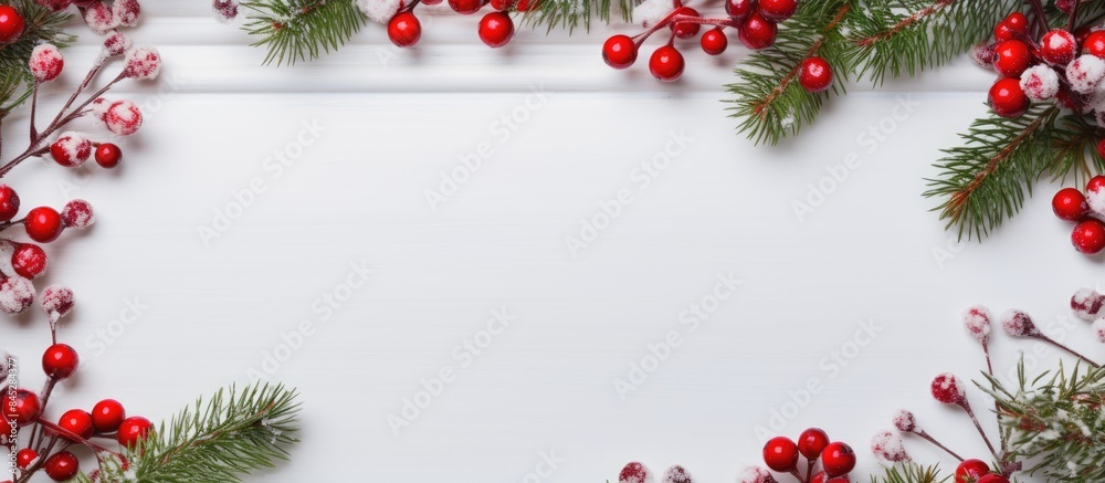 Poster Top view of a Christmas frame made from spruce branches and adorned with vibrant red berries The festive wallpaper features a flat lounger and offers ample copy space for customization