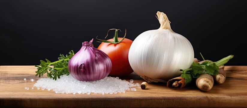 A vegetable shashlick is displayed on a spitter on a cutting board accompanied by a salt shaker The image features a white wooden background with ample copy space