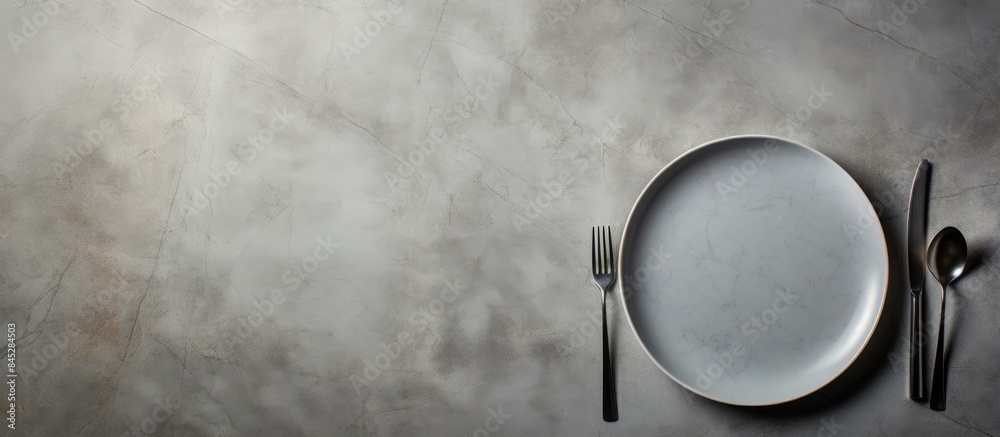Aufkleber A top down view of a gray stone table with an empty white ceramic plate accompanied by a fork and knife There is ample copy space in the image