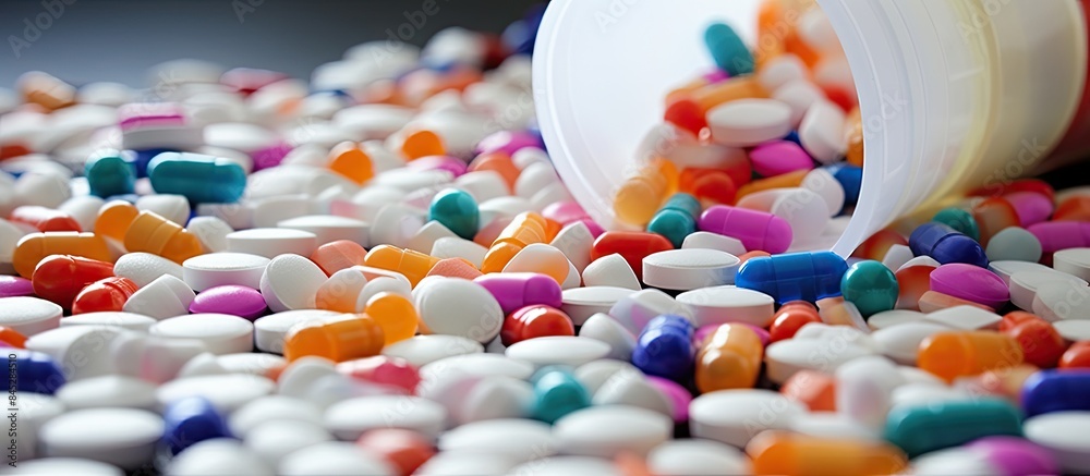 Aufkleber A vibrant array of pills is strewn across a tabletop having spilled from a plastic bottle A stack of opened medication is displayed against a backdrop of textured white paper The image is captured in