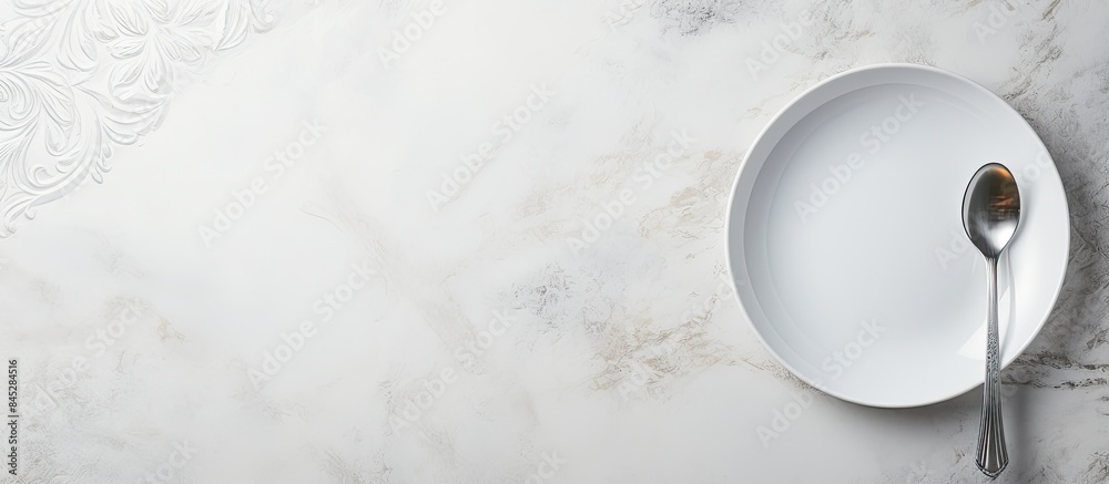Poster a white dinner plate sits on a white marble surface featuring intricate patterns a shiny silver spoo