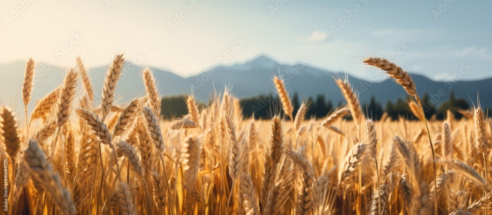 Poster a close up of golden wheat ears in a large cultivation field with soft orange midday light the backg