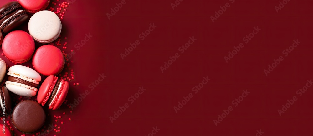 Aufkleber A vibrant assortment of macarons on a red backdrop creating a sweet and visually pleasing image with space for text This top down view captures the essence of a festive occasion. Creative banner
