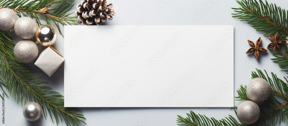 Fototapete top view of a creative christmas composition with decorations from a tree including a white blank ca