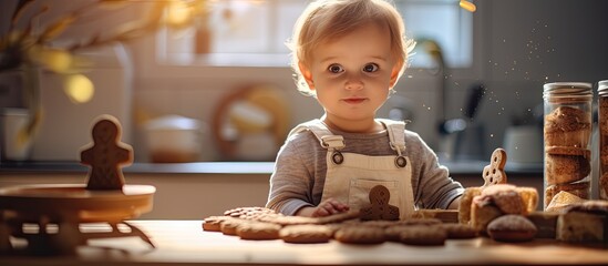 In a cozy kitchen a cute Caucasian baby boy skillfully bakes cookies embracing the casual lifestyle of a pretty child enjoying the peacefulness of the home interior The image captures the serene atmo