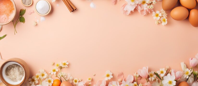 Top view of a pastel orange background with a bakery or cooking frame filled with flowers ingredients and kitchen items creating a spring cooking theme Perfect for copy space image