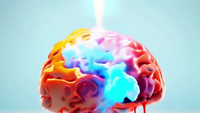 A colorful melting brain sculpture with vibrant paint drips on a light blue background. Dopamine fasting mental health digital detox motion concept