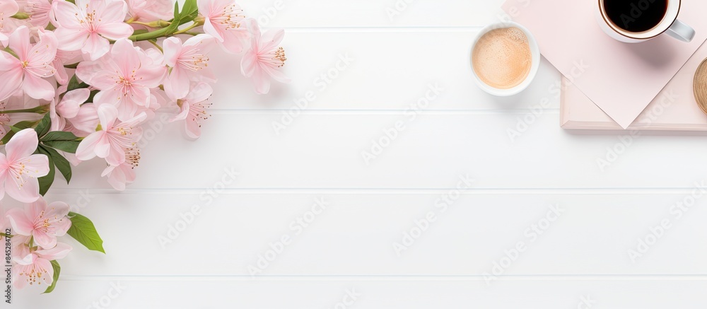 Poster a feminine workspace with a homework desk adorned with pink flowers coffee and stationery a top view