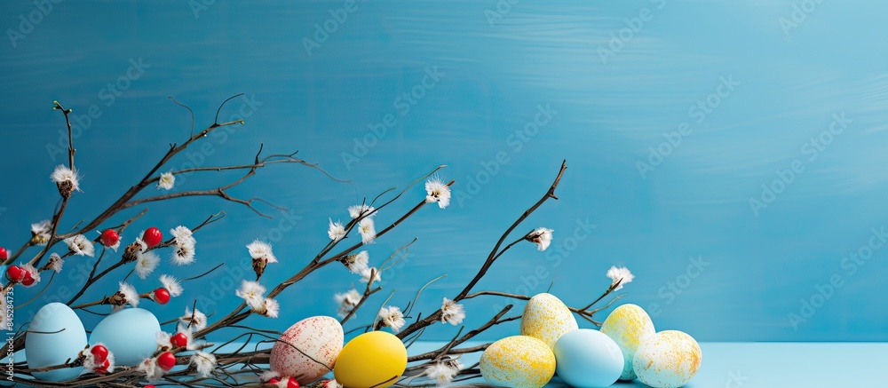 Fototapete an easter themed scene featuring a blue background adorned with willow branches colorful eggs and a 