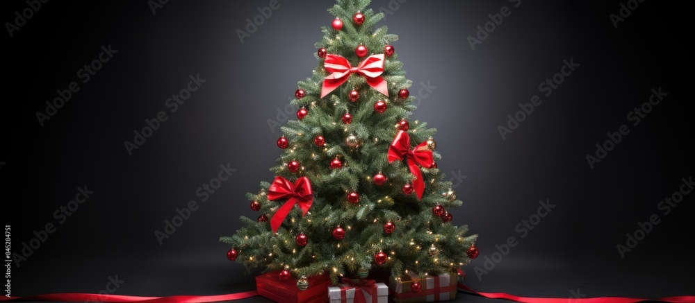Poster image of a christmas tree adorned with a vibrant red ribbon and lush fir branches set against a clea