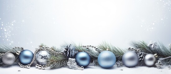 High quality photo of a Christmas themed composition in silver and blue colors The frame is adorned with a blue garland and spruce branches on a gray background It also features Christmas balls and d