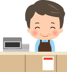 レジカウンターに立つ中年男性店員