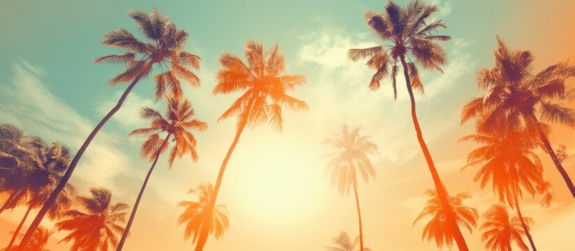 Vintage style photograph with palm trees depicted in an orange pop art effect accompanied by light leaks A perfect representation of a summery beach scene exemplifying the concepts of holidays and tr