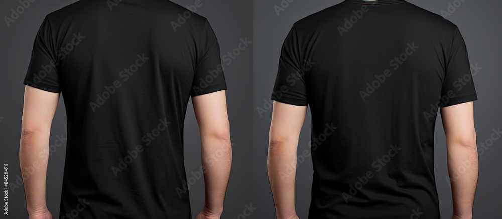 Poster A young man is shown in a blank black t shirt seen from the front and back He is standing against a white background isolated with a clipping path The image can be used as a template for designing an