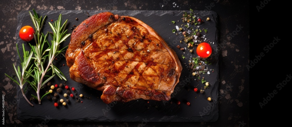 Aufkleber a delectable pork steak seasoned to perfection sizzling on a sleek black stone plate captured from a