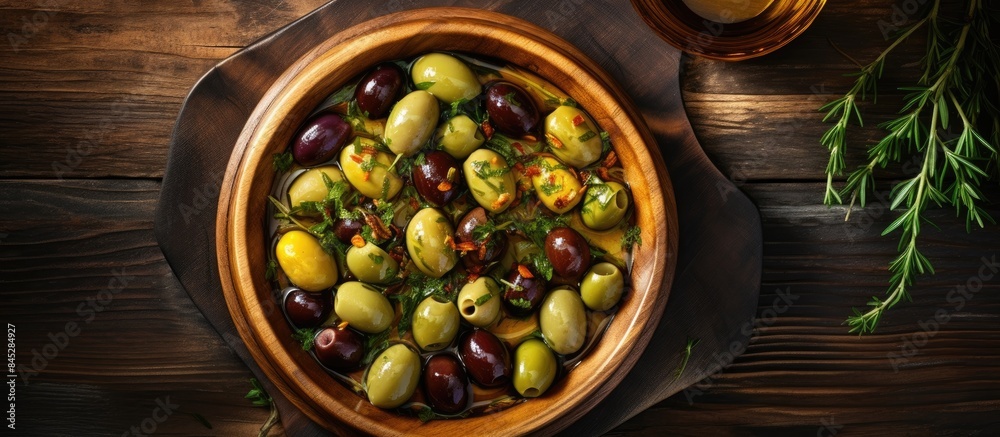Poster a top down view of an appetizer featuring olives soaked in flavorful cold pressed olive oil the dish