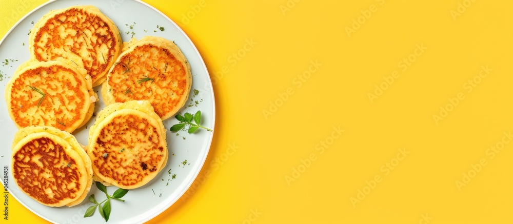 Poster a top view of vegan gluten free tofu cheese pancakes on a yellow plate against a yellow background w