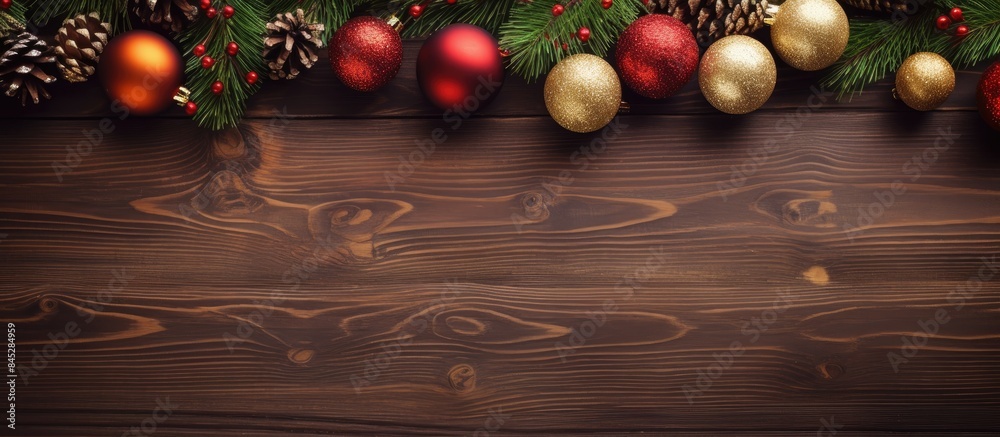 Poster a festive arrangement of christmas balls fir tree and decorations on a wooden background captured fr