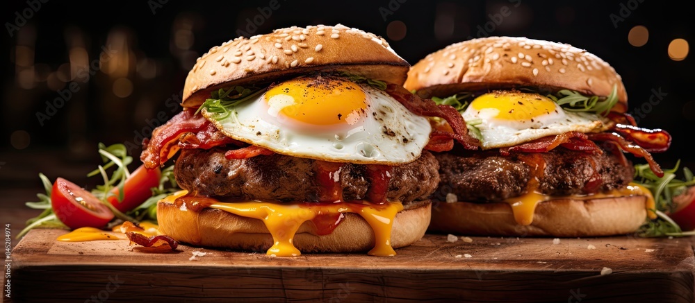 Poster a copy space image showcases the assortment of savory spice flavors in the cheese bacon burgers serv